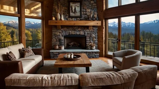 Rustic Living Room with Mountain Views and Stone Fireplace