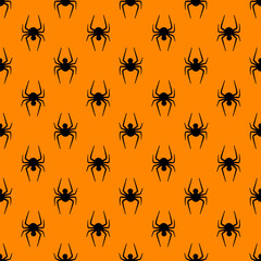Simple Halloween spider seamless pattern. Vector black spiders on orange background. Creepy print for Halloween decoration, wallpaper, textile, wrapping, fabric, backdrop.