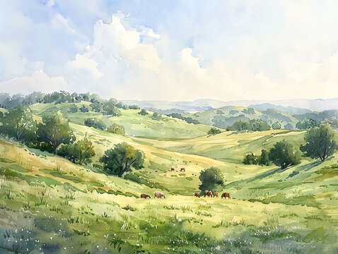 Gentle countryside in watercolor, with rolling hills, grazing animals, and a clear blue sky, painted with soft, harmonious tones
