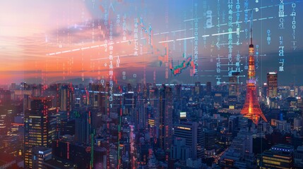 Forex Market Data in a City Skyline at Dusk with Currency Exchange Rates Overlay for Financial Insights