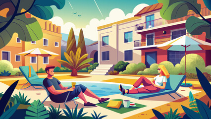 Two people relaxing in the courtyard during the summer day
