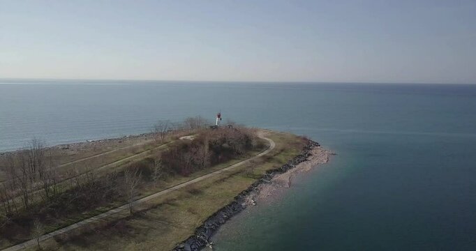 Flying over lighthouse Close to the sea
Tommy Thompson Park lighthouse, Toronto, Canada
