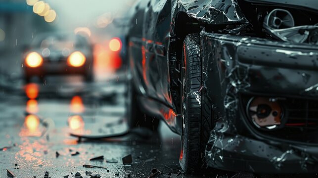 The front of the black car was damaged due to an accident on the highway