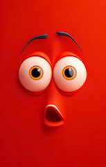 3D surprised red cartoon face with wide eyes and open mouth, perfect for expressing shock and amazement