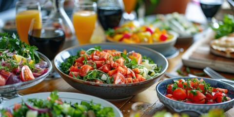 Fototapeta premium Assorted fresh salads and vegetables on a table with drinks, showcasing healthy and colorful meal options.