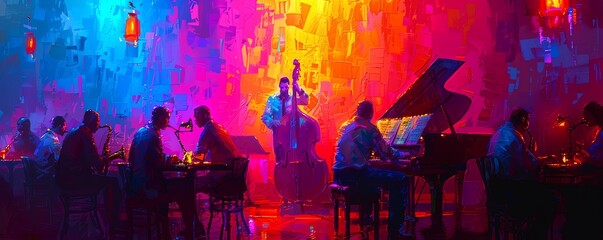 Lively jazz club in pop art, with energetic musicians, colorful lights, and dynamic compositions, capturing the spirit of live music