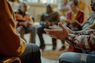 Close up of hands in a circle during a therapy session, diverse people sitting together at a support group meeting for mental health and wellness Generative AI