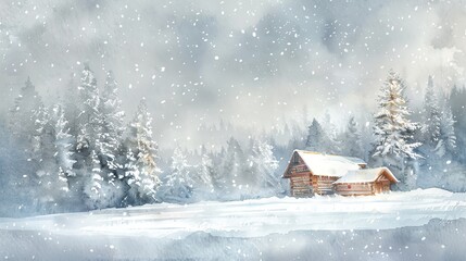 Peaceful snowy landscape in watercolor, with soft snowflakes, a cozy cabin, and muted winter colors, creating a serene winter scene