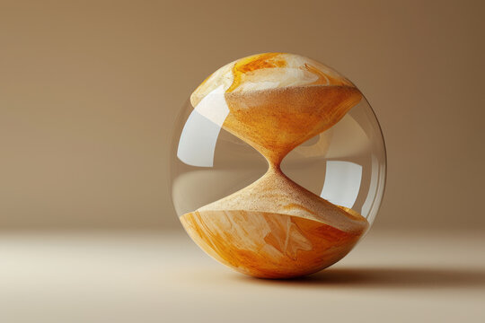 Simple yet surreal depiction of a sand timer with grains forming abstract shapes, against a beige background,