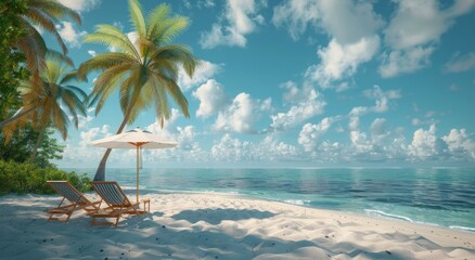 Tropical Beach Scene With Lounge Chairs