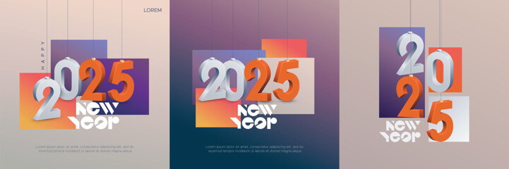 2025 new year poster design with 3D hanging number on modern colour background. 2025 new year celebration square template