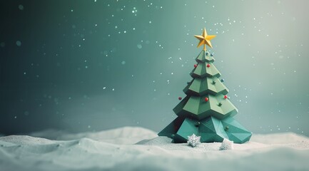 Fototapeta premium Low Poly Christmas Tree In Snowy Forest