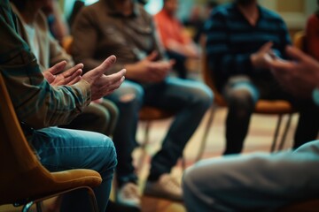 A group of people sitting in chairs, with one person's hands open and another pointing at them, representing sharing their experiences during therapy or support groups Generative AI