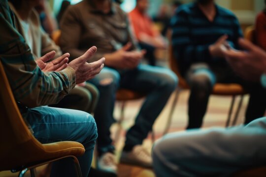 A group of people sitting in chairs, with one person's hands open and another pointing at them, representing sharing their experiences during therapy or support groups Generative AI