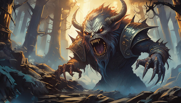 A monstesurrounded by firer with red eyes and a mouth full of teeth is
