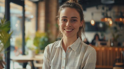 Smiling young businesswoman looking at camera while standing in the coworking space.