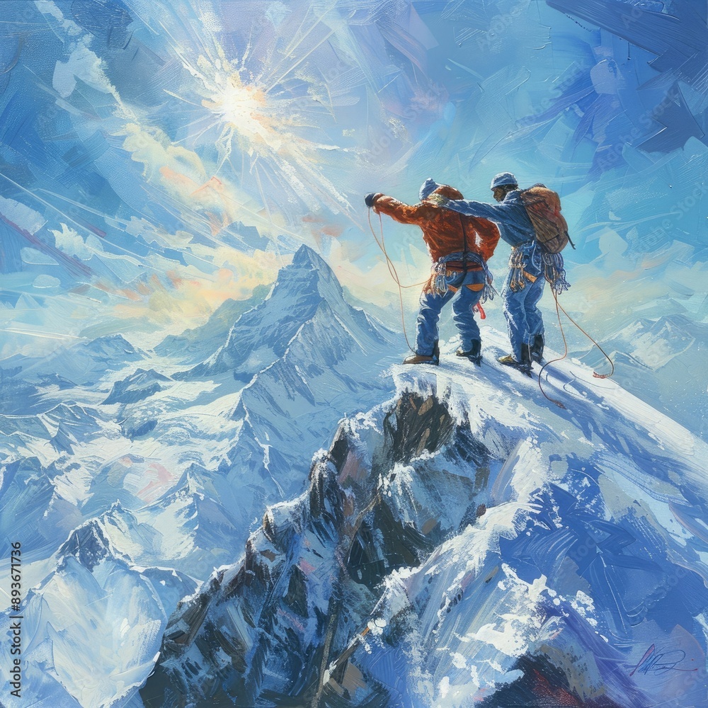 Poster Two climbers clasping hands in solidarity as they conquer a formidable peak, symbolizing the strength of teamwork in overcoming obstacles. 