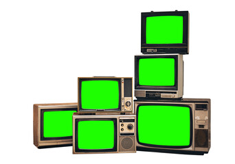 Vintage old televisions with chroma key green screen for designers, isolated on white background with clipping path.