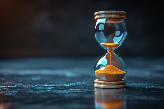 Minimalist abstract image of a sand timer with grains forming abstract shapes, on a dark background,