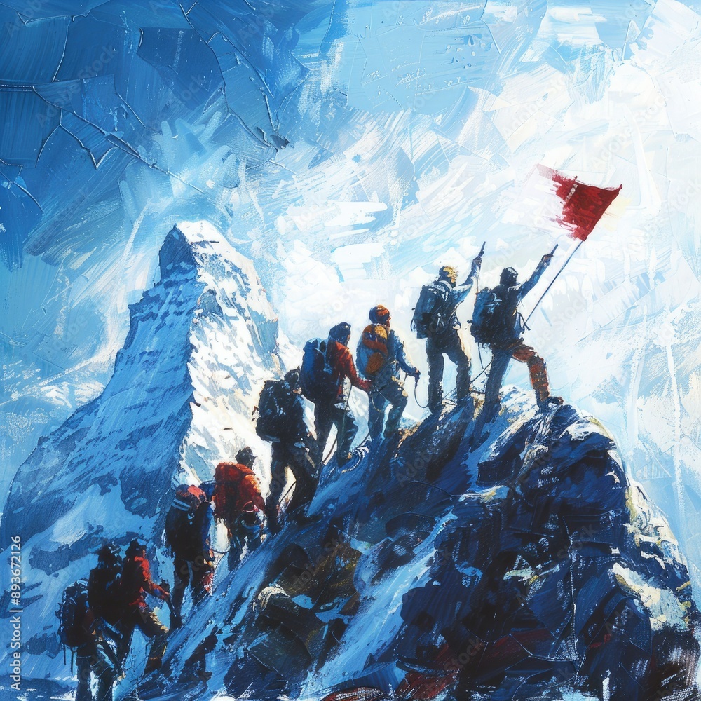 Poster A group of climbers raising a flag or banner with messages of teamwork and unity at the mountain summit, signifying shared achievement. 