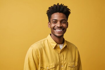 Non binary person standing over yellow background with a happy and cool smile on face. lucky person.