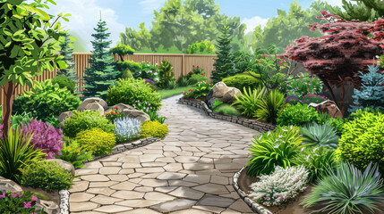 Obraz premium A beautifully landscaped garden featuring a winding stone pathway, lush greenery, colorful flowers, and a wooden fence in the background.