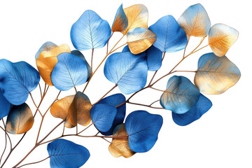 Stunning arrangement of blue and gold leaves isolated on transparent background, perfect for adding a touch of elegance to any design or decoration.