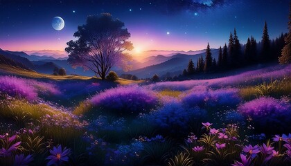 美しい真夏の夜、綺麗な背景画像、デザイン性、幻想的、シンプルにくっきり表現　Generated by AI