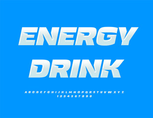 Vector advertising poster Energy Drink. Unique Glossy Font. Artistic Alphabet Letters and Numbers set.