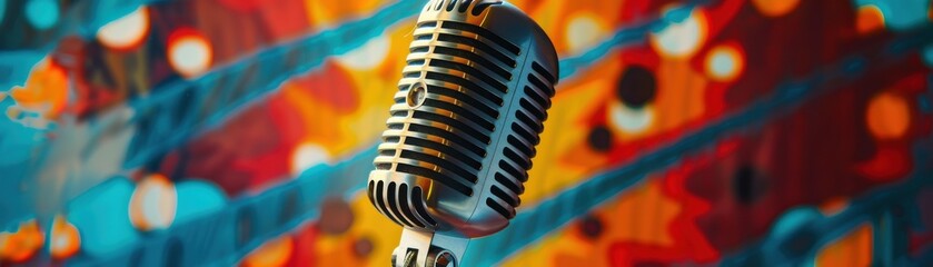 Vintage microphone with colorful bokeh background, perfect for music, broadcasting, or performance themes.