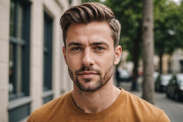 Portrait of gay man confidently posing on background