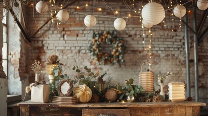 Colorful Handmade Paper Decorations and Lanterns on Rustic Table for Festive Home Decor