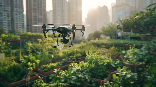 Innovative Drones Tending to Rooftop and Vertical Urban Gardens in a Modern City - Powered by Adobe