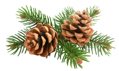 A close-up of two pine cones surrounded by green pine branches against a white background, perfect for holiday and nature themes