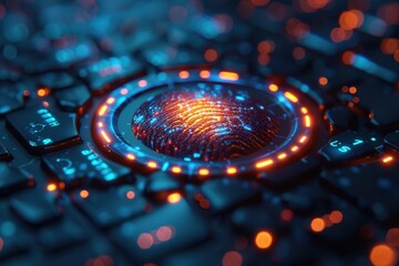 A high-tech, futuristic glowing fingerprint scanner with detailed intricate patterns and vibrant blue and orange lights, representing cutting-edge security technology.