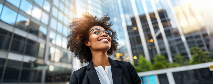 A confident Afro-American businesswoman with curly hair and glasses, smiling and looking upwards while standing in front of modern glass buildings