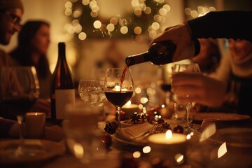 Naklejka premium Gather your friends and family for a festive holiday dinner party in a cozy and charming ambiance with wine, candlelight, and decorations, creating a celebratory and joyful atmosphere