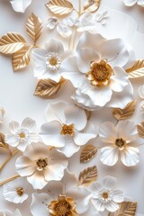 Ultra sharp photo of white and golden flowers and leaves a white background