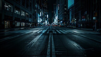 Ultra sharp photo portraying a wide panoramic view of a dark and moody empty city center street