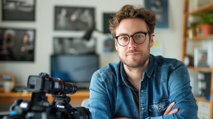 Portrait of young handsome photographer at his home office