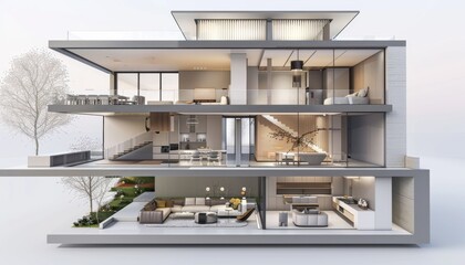 Ultra sharp photo presenting a 3D rendering of a modern home cross-section