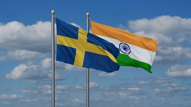 India and Sweden flags flying together, video concept of the relationship, two country relations concept