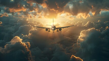 Naklejka premium Dramatic Aerial Encounter Airplane Soaring Through Clouded Skies with Radiant Sunlight