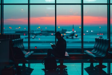 Early Morning Airport Terminal with Travelers Checking Currency Exchange Rates While Waiting for Flights