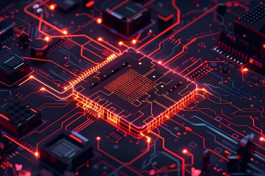 a microchip with detailed pins and circuits. Highlight the central processing unit (CPU) in the middle with a glow effect to emphasize its importance. 