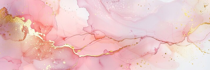 Ultra sharp photo presenting a dusty blush liquid marbled watercolor background, featuring golden