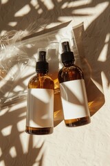 Fototapeta premium Brown Spray Bottles With Blank Labels in Sunlight