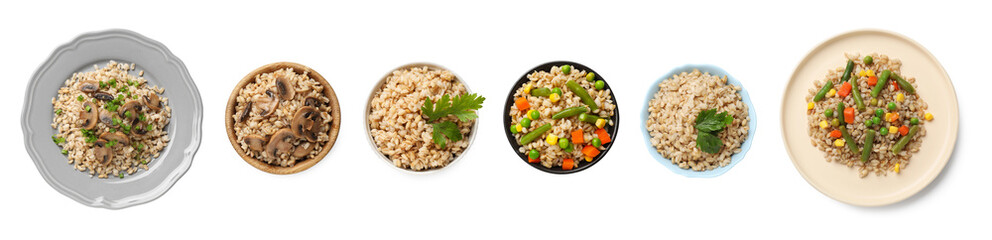 Set of pearl barley porridge isolated on white, top view