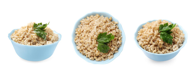 Pearl barley porridge isolated on white, top and side views