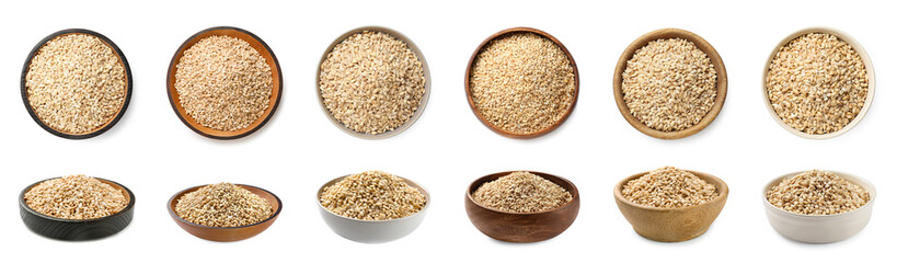 Pearl barley groats in bowls on white background, top and side views